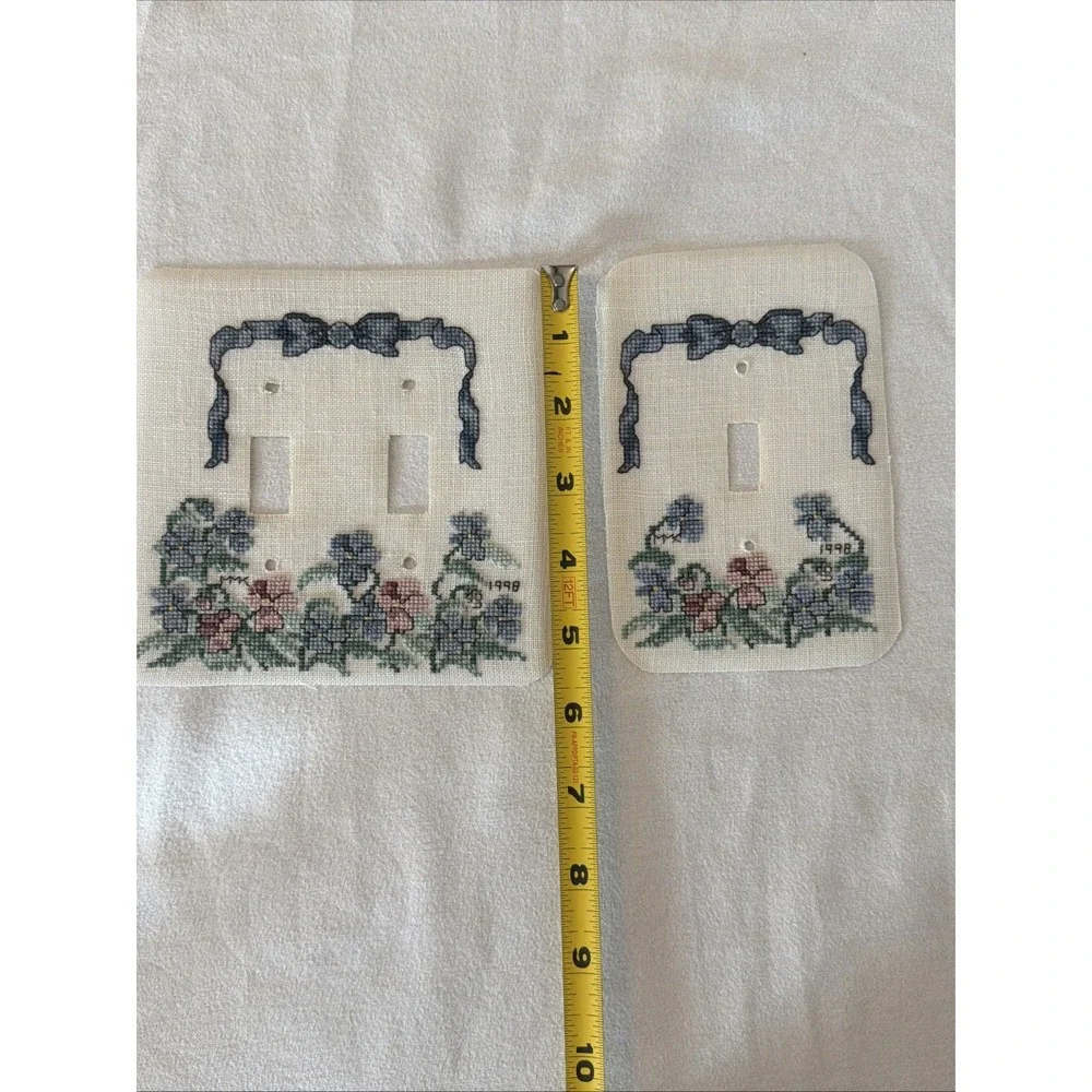 Set of 2 Vintage Needlepoint Switch Plate Covers Blue Flowers Handmade 1998